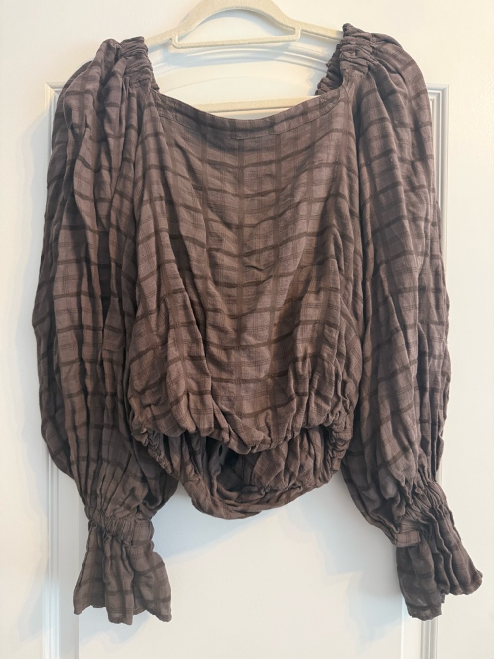 Free People Taupe Plaid Smocked Peasant Blouse